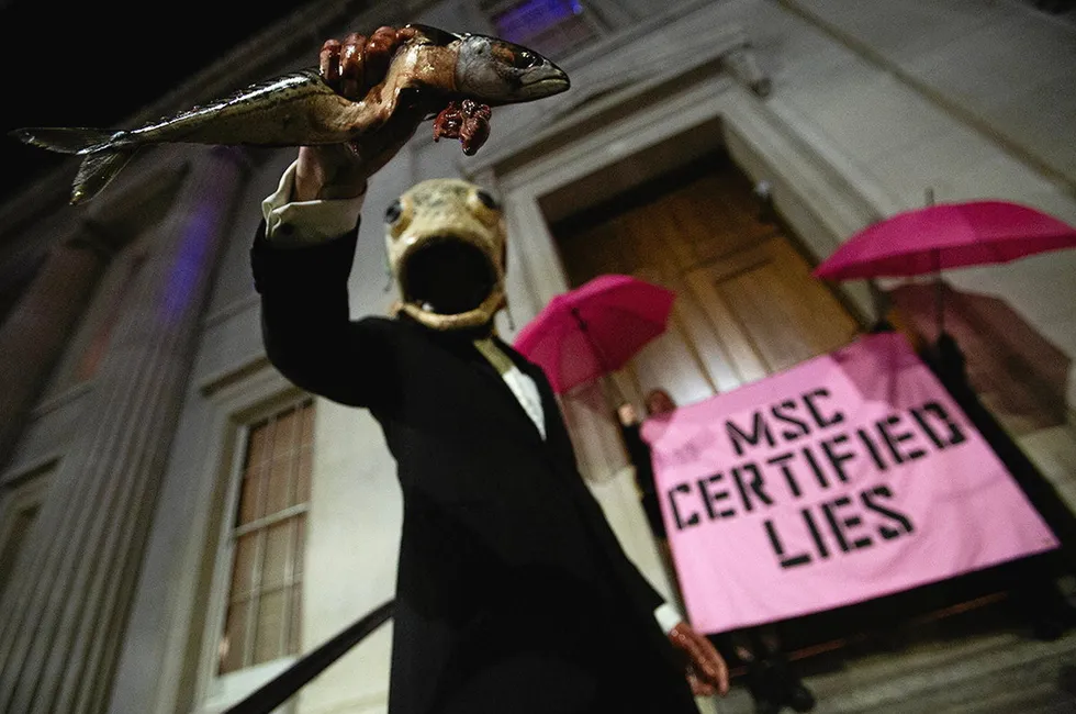 Protestors with Ocean Rebellion demonstrate against the Marine Stewardship Council (MSC) in London in 2023.