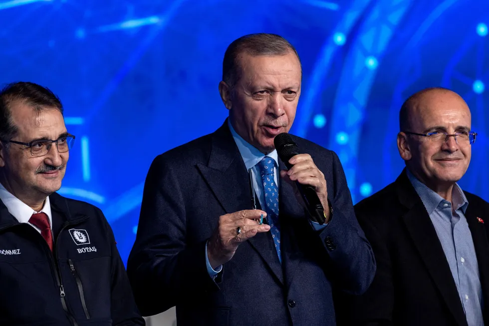 Gas announcement: Turkish President Recep Tayyip Erdogan (centre) flanked by Energy Minister Fatih Donmez (left) and Deputy Prime Minister Mehmet Simsek.