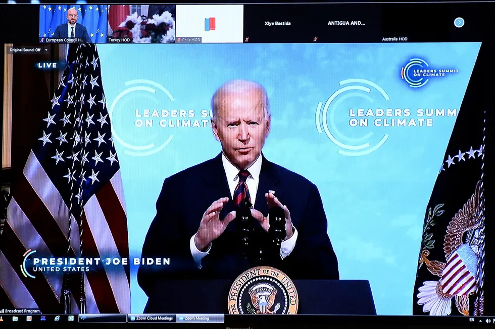 Zooming: US President Joe Biden is seen on the screen during a virtual global climate summit