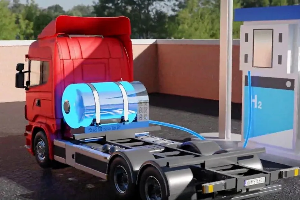 A computer rendering of the 100kg fuel-tank system installed behind a truck cab.