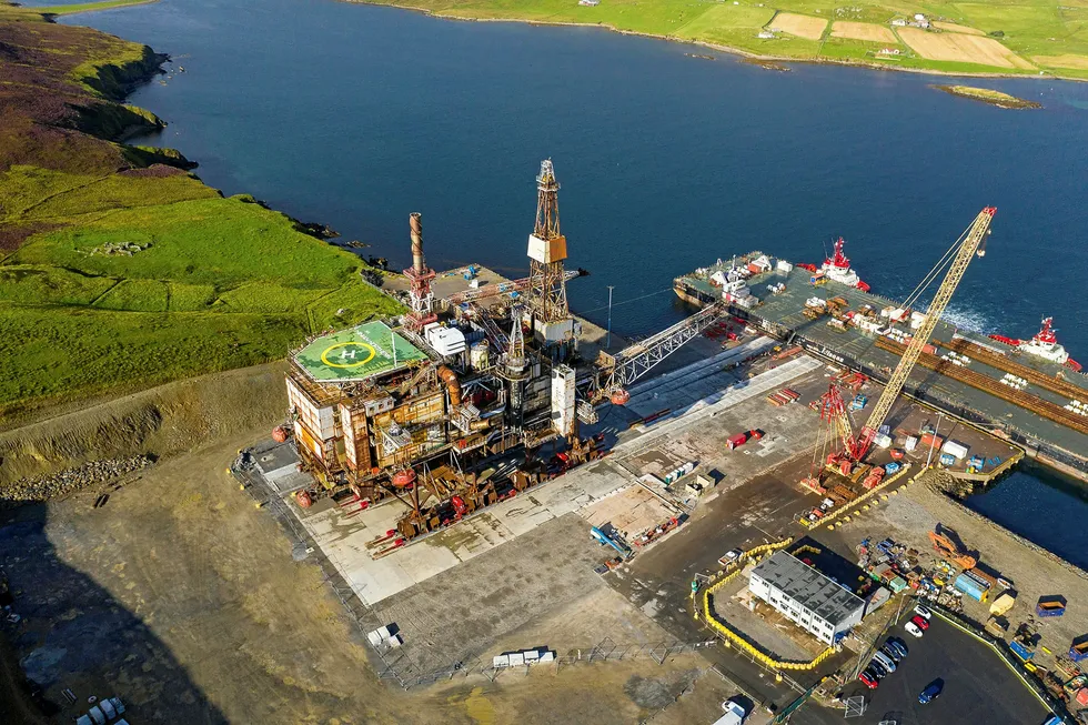 Parked: the successful load-in of Ninian North topsides to its final resting place on the Dales Voe decommissioning pad at Lerwick Harbour, ready for dismantling