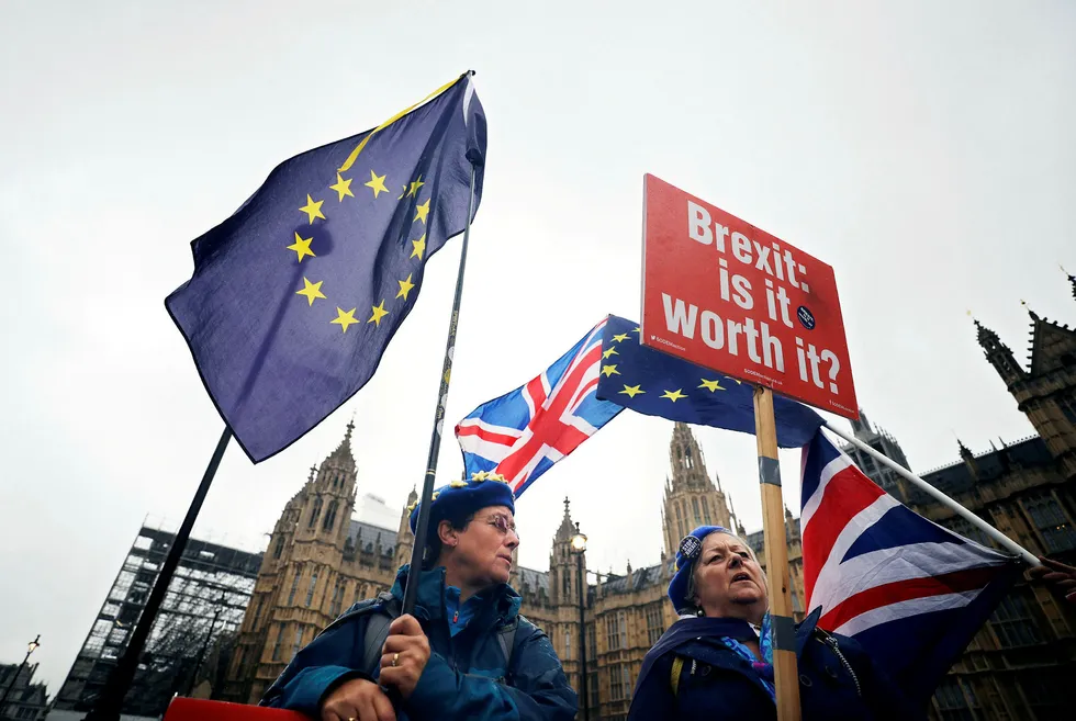 Brexit-motstandere protesterer foran det britiske parlamentet onsdag.