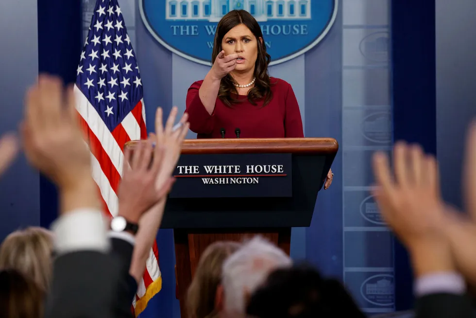 Det hvite hus' Pressesekretær Sarah Huckabee Sanders under den daglige pressebrifingen ved Det hvite hus tirsdag. Foto: AP / NTB scanpix.