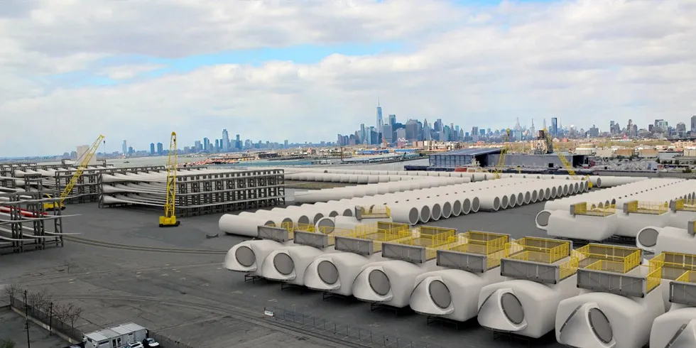 CGI of offshore turbine nacelles, blades and tower pieces staged at South Brooklyn Marine Terminal, New York