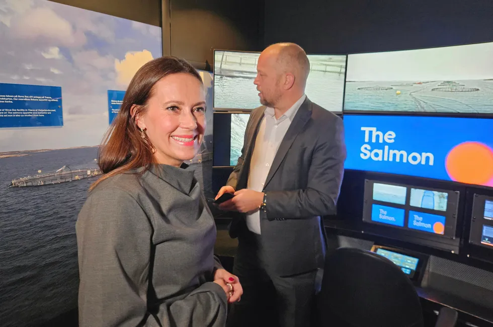 Fiskeri- og havminister Marianne Sivertsen Næss og finansminister Trygve Slagsvold Vedum presenterer utbetalinger fra havbruksfondet på The Salmon.