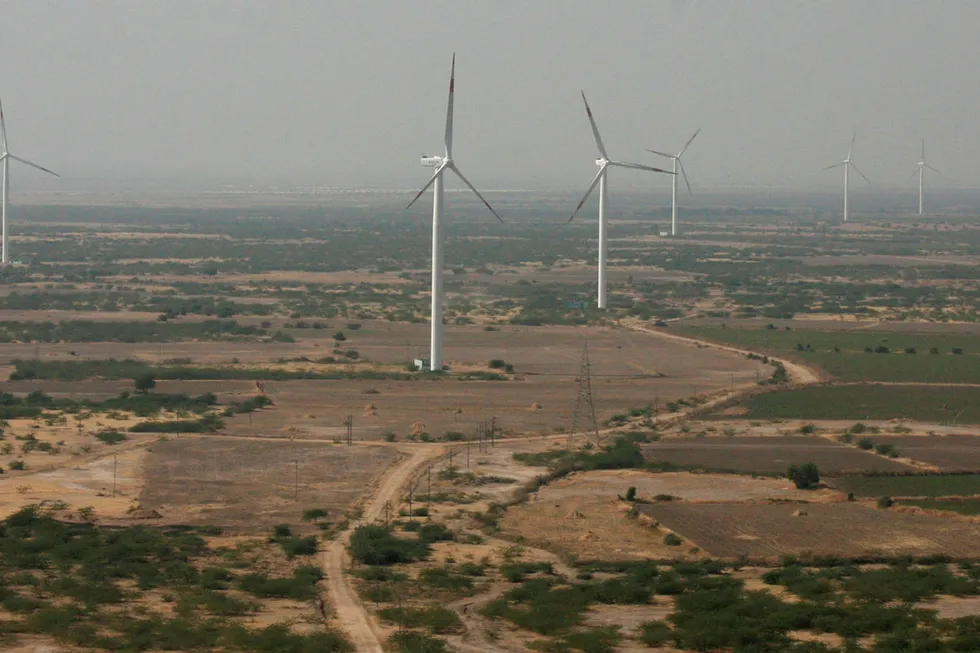 Renewables drive: power generating wind turbines at Suzlon wind farm in Surajbari village, India