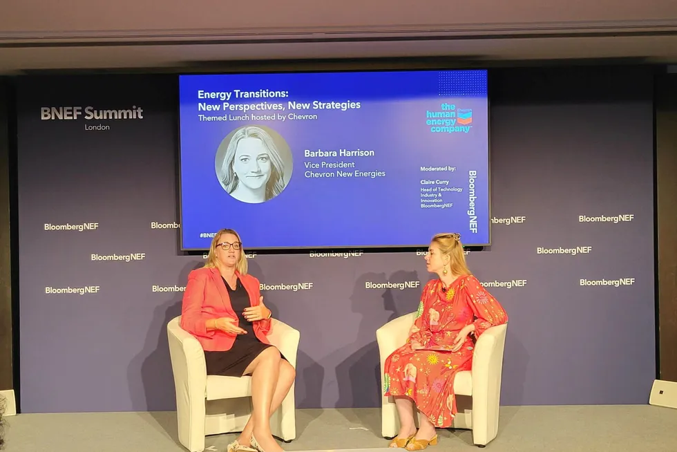 Chevron New Energies vice president Barbara Harrison speaks at the BloombergNEF Summit in London.