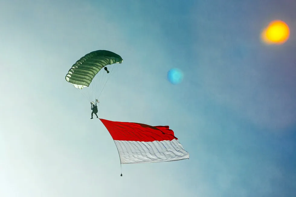 Patriotic: an Indonesian para-trooper flies the Indonesian national flag during Independence Day celebrations