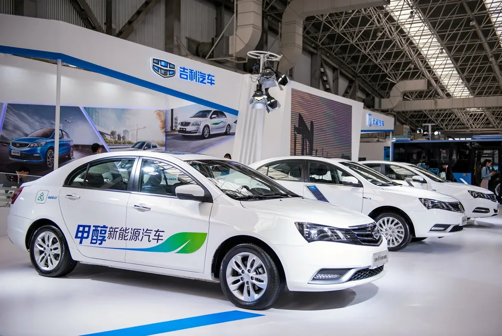 Geely methanol-fuelled passenger cars displayed at an auto show.