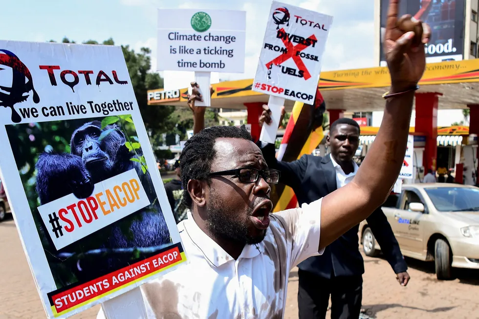 A Ugandan activist chants slogans during a demonstration in Kampala, Uganda over the EACOP pipeline.