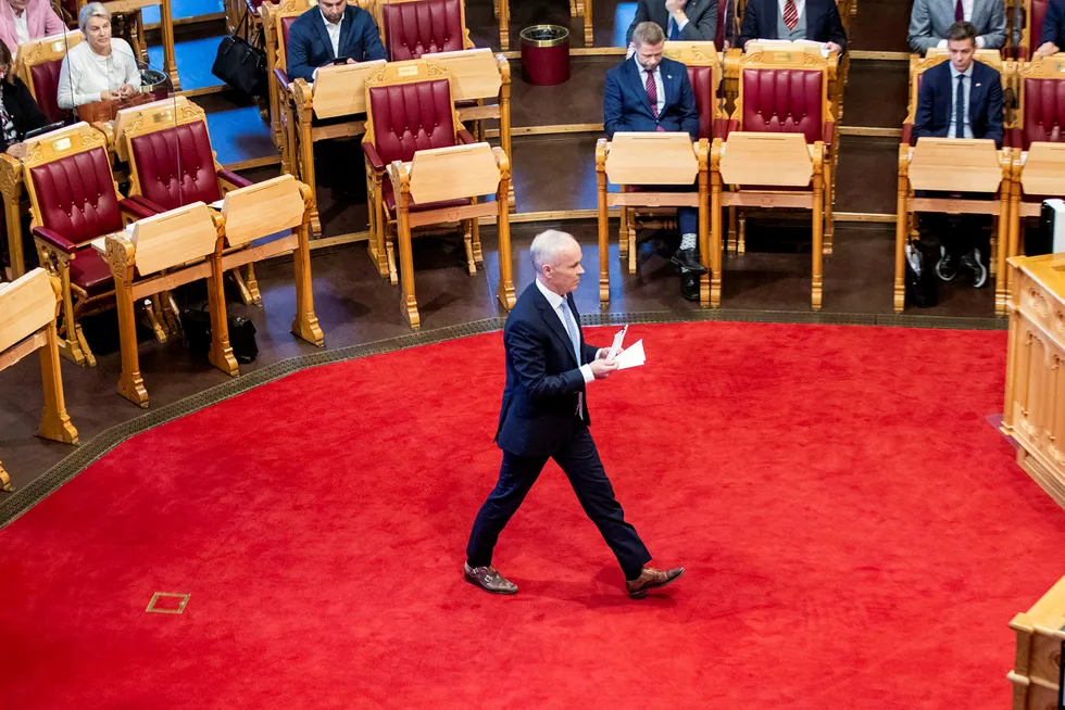 Finansminister Jan Tore Sanner før han legger fram statsbudsjettet for 2021 i Stortinget.