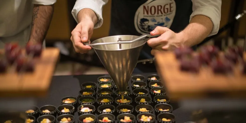 Norsk sjømat når ut til stadig nye deler av verden. Her fra Norges Sjømatråds stand på Seafex i Dubai i oktober 2015. Foto: Norges Sjømatråd.