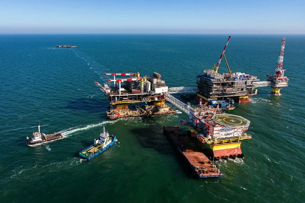 Moving forward: Offshore oil and gas production facilities at the Filanovskogo oilfield in the Caspian Sea operated by Russian producer Lukoil