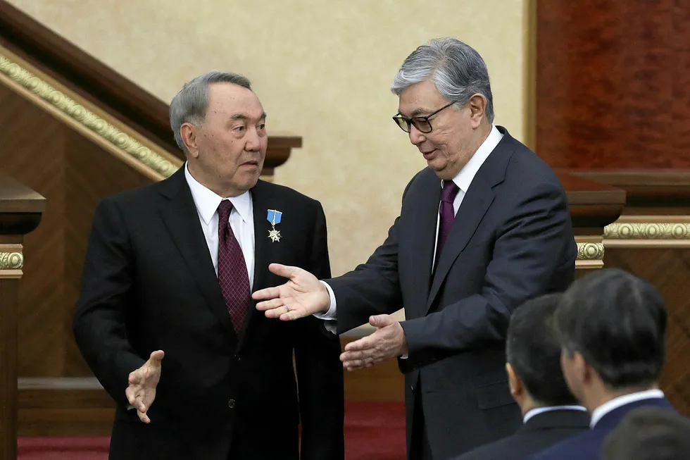 President of Kazakhstan Kassym-Jomart Tokayev (R) and his predecessor Nursultan Nazarbayev