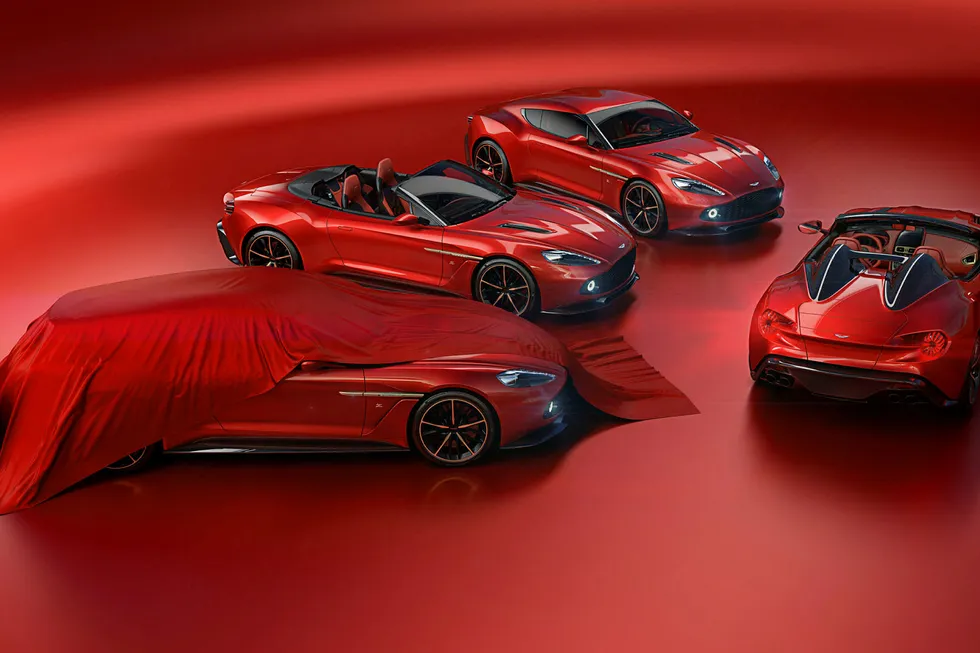 Aston Martins samarbeid med italienske Zagato har resultert i fire modeller. Shooting Brake står delvis tildekket, deretter kommer Volante, Coupe og Speedster. Foto: Aston Martin
