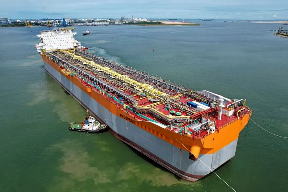 Arrival: the hull of SBM Offshore's floating production, storage and offloading vessel Prosperity offshore Singapore