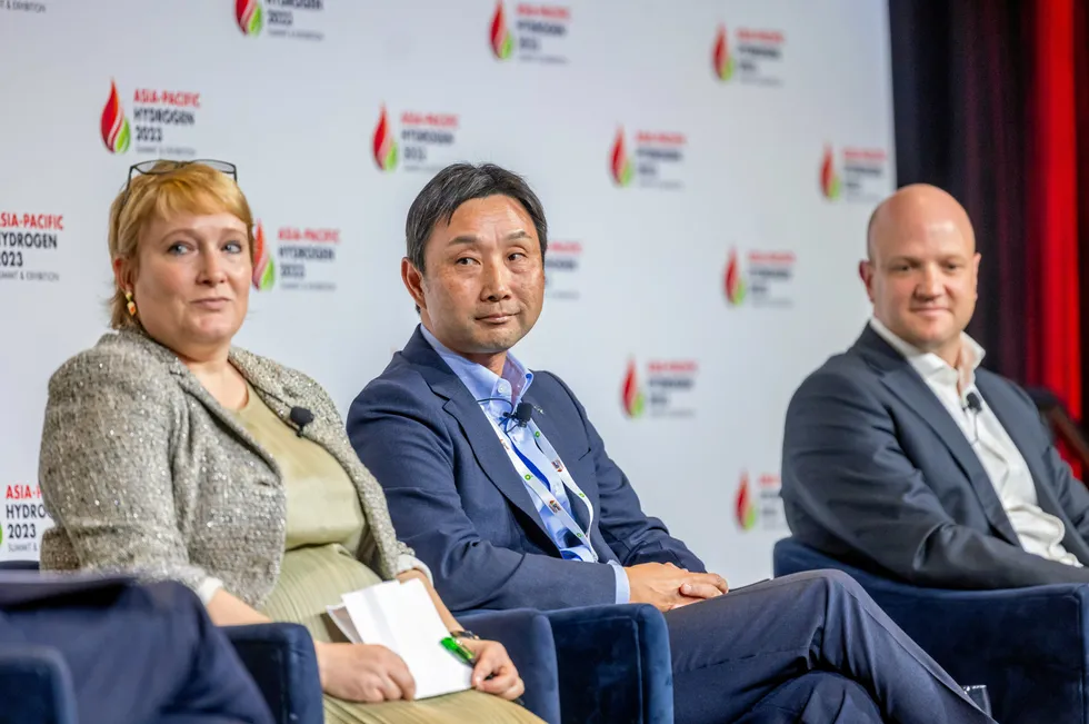 (Left to right): Australian Hydrogen Council CEO Fiona Simon, SLB's Yoshi Saito and the CEFC's Rupert Maloney speaking at the Asia-Pacific Hydrogen Summit in Sydney last Friday.