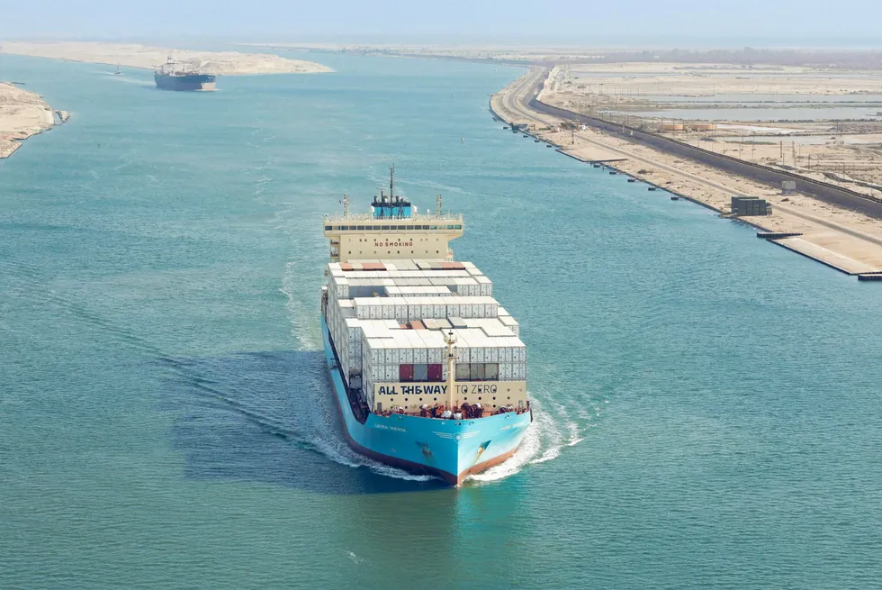 The methanol-powered Laura Maersk (built 2023) in the Suez Canal.