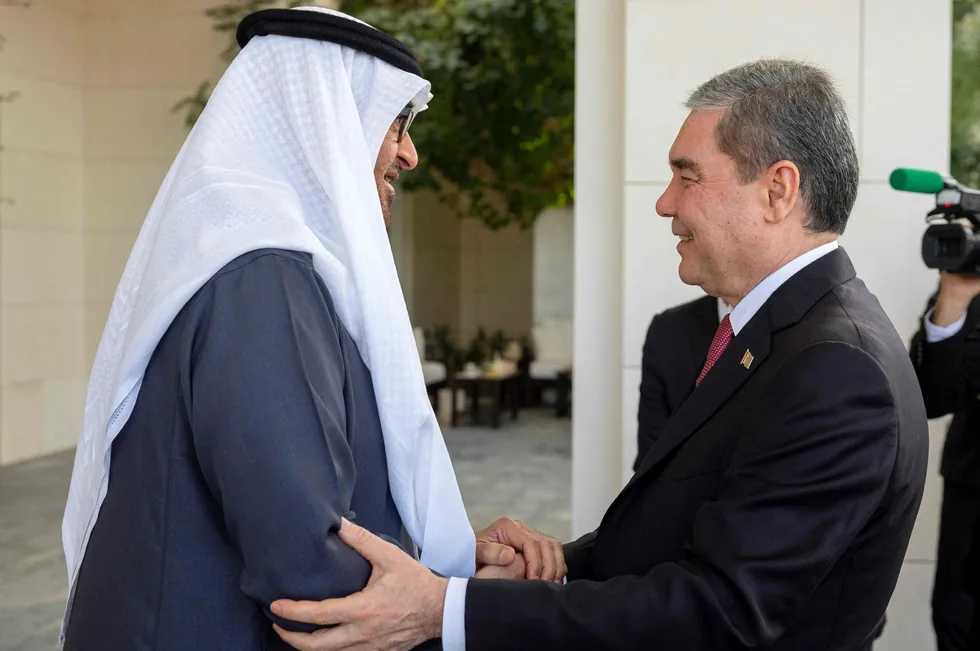 Gas diplomacy: United Arab Emirates President Sheikh Mohamed bin Zayed al-Nahyan (left) receiving the Chairman of the People’s Council of Turkmenistan Gurbanguly Berdymukhamedov at al-Shati Palace in Abu Dhabi in January 2024.