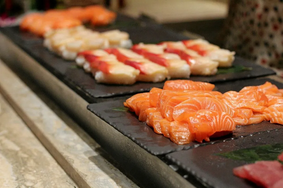 Salmon sushi in Japan.