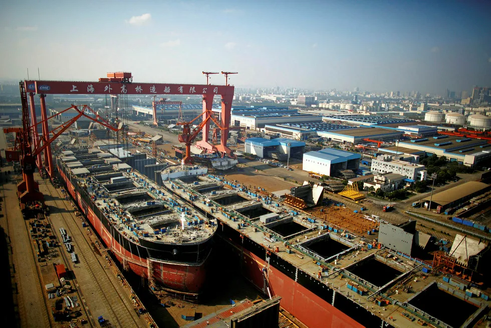 Delays: Work is not expected to resume at Chinese fabrication contractor Shanghai Waigaoqiao Shipbuilding until next month