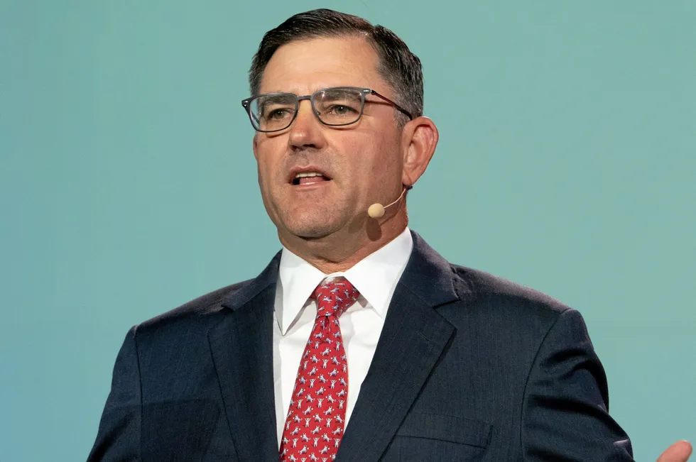 Halliburton chief executive Jeff Miller speaks at the 23rd World Petroleum Congress in Houston on Monday, 6 December 2021.