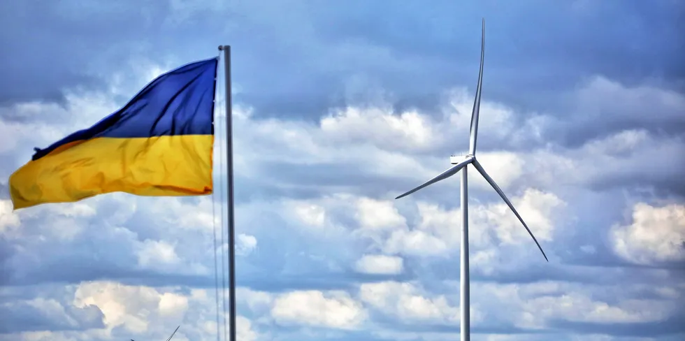 A Ukranian flag flies at a wind farm completed in June 2021 near Odesa.