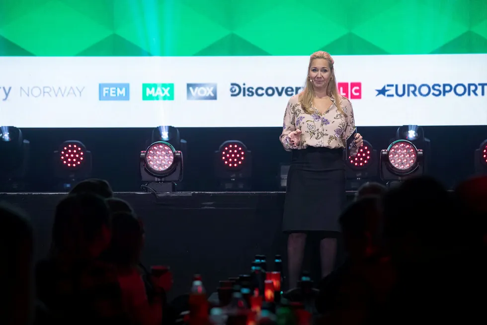 Administrerende direktør Tine Austvoll Jensen i Discovery Networks Norway under presentasjonen av tv-kanalenes vårlansering i november. Nå kan det bli svarte skjermer for hele sulamitten hvis man er Get-kunde.