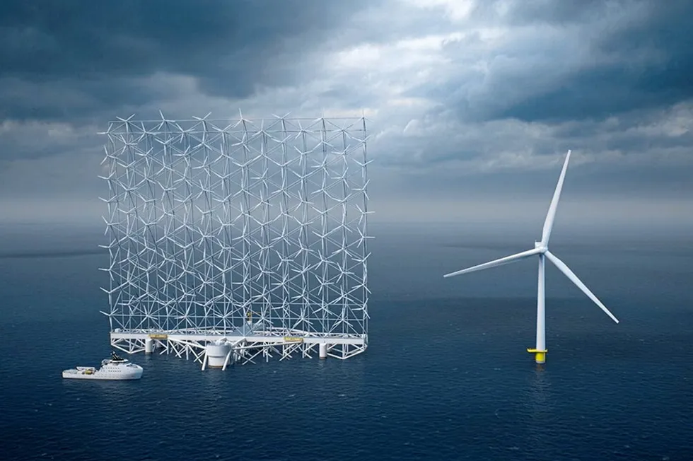 A visualisation of the Windcatcher concept next to a traditional three-bladed offshore wind turbine.