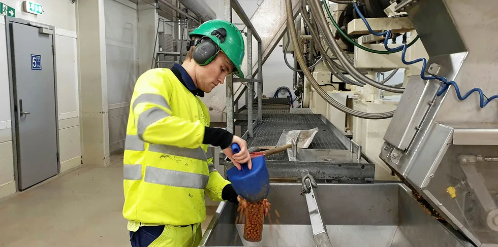 En operatør tar prøver av Skretting sitt fôr ved fabrikken på Averøy i Møre og Romsdal.