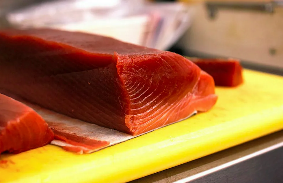 Block of raw bluefin tuna.