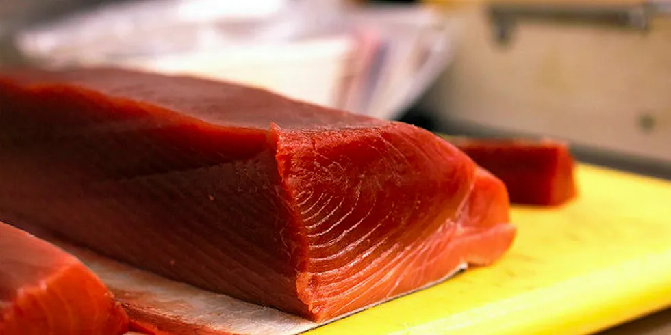 Block of raw bluefin tuna.