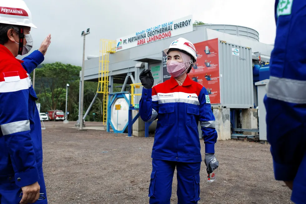 Site check: Pertamina president director Nicke Widyawati talks with officials during a visit at its geothermal binary plant in Lahendong, Tomohon, North Sulawesi province, Indonesia