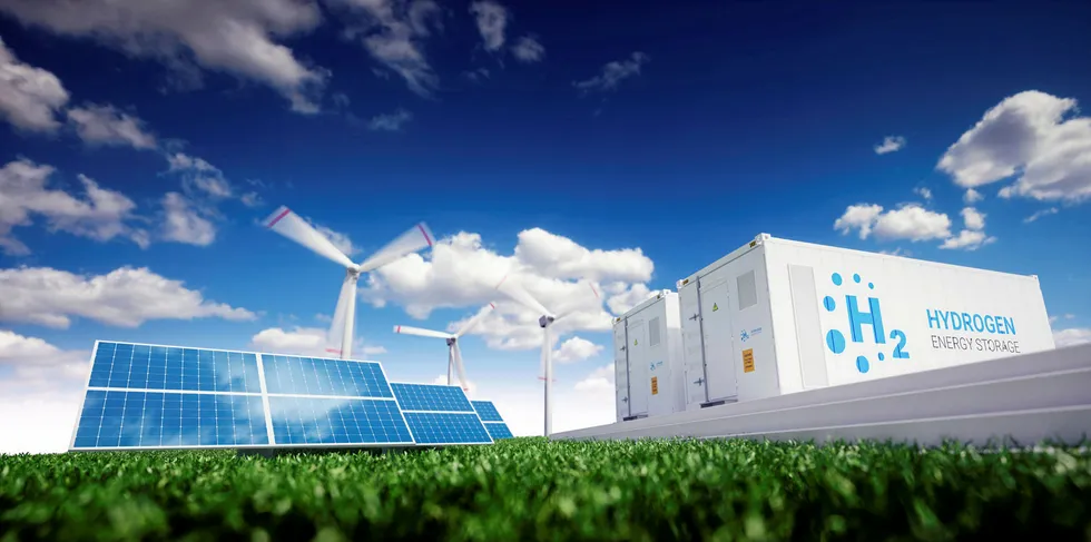 A CGI of a green-hydrogen facility at a hybrid wind/solar farm