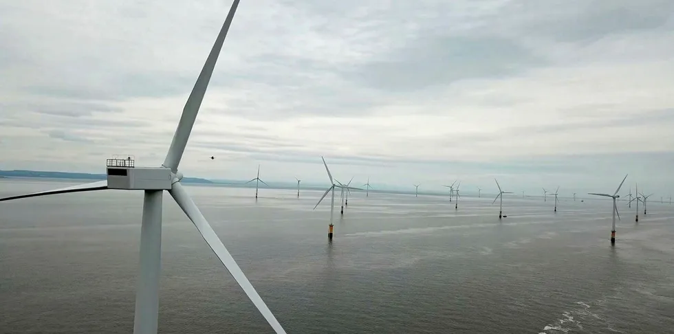 Drones fly over Orsted's Burbo Bank wind farm off the UK