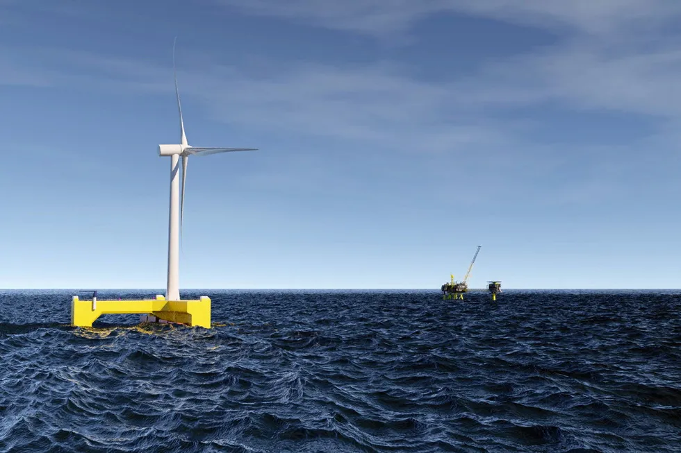 Greener drive: a computer-generated image of an FPP wind-wave energy unit powering an offshore oil platform