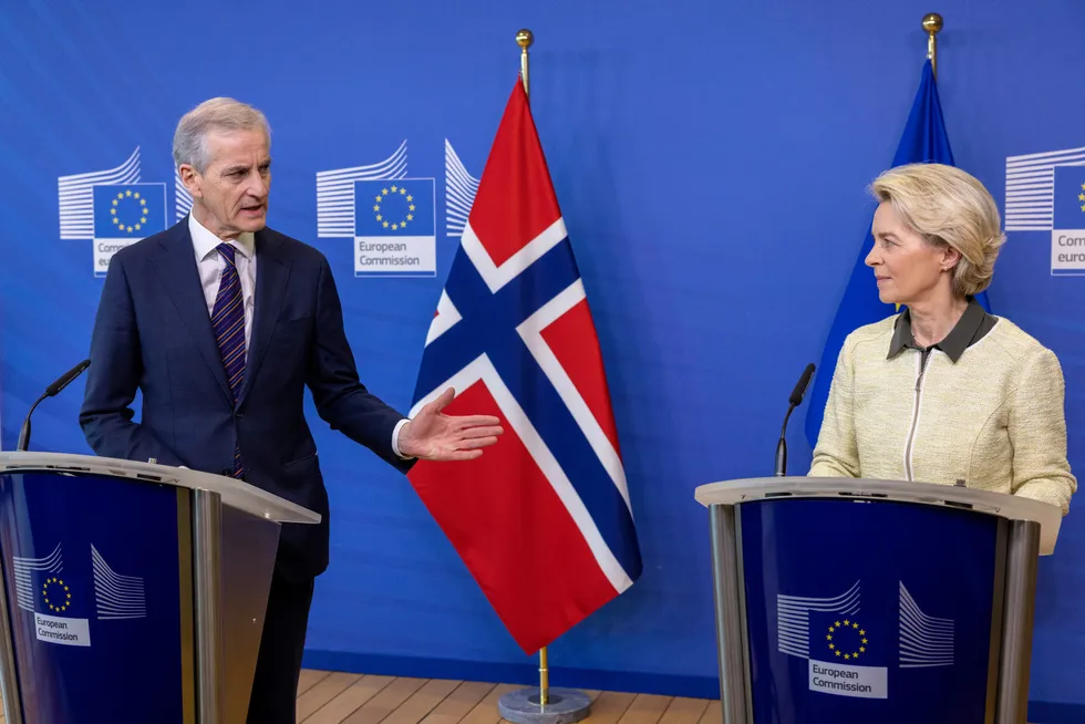 Euroen er som hovedregel forbeholdt EUs medlemsstater, ifølge skribenten. Statsminister Jonas Gahr Støre i møte med Europakommisjonens president Ursula van der Leyen i Brussel.