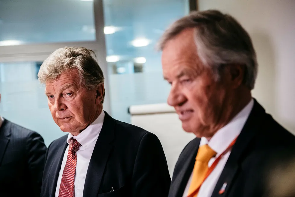 Styreleder Bjørn H. Kise (til venstre) og Norwegian-sjef Bjørn Kjos har grunn til å være fornærmet på IAG. Foto: Fartein Rudjord