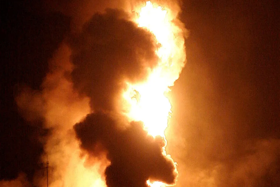 A Pertamina exploration well in Java, Indonesia, ablaze in February 2022.