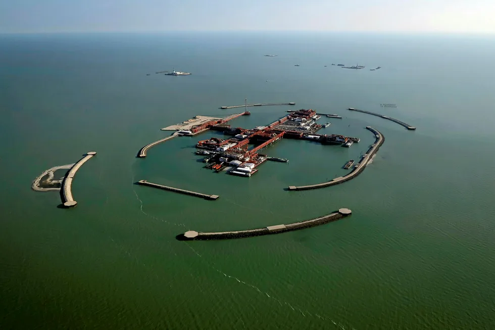 Repatriations: an aerial view shows the artificial islands at the Kashagan offshore oilfield in the Caspian Sea