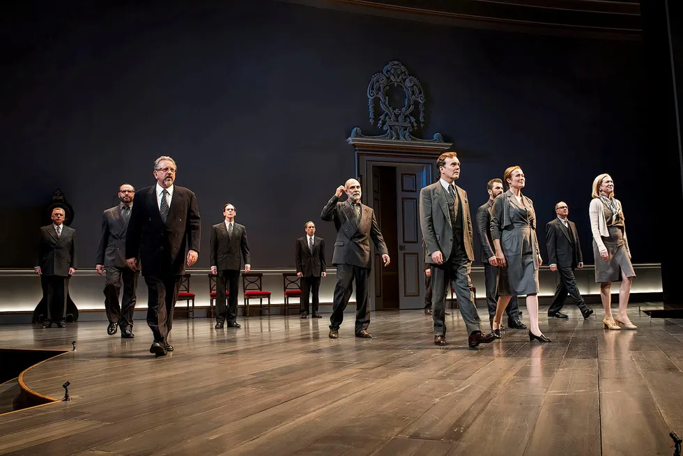 Jefferson Mays and Jennifer Ehle stand in the middle at the front of the stage of the Vivian Beaumont Theater during the special performance of “Oslo”. They played the leads as Terje Rød-Larsen and Mona Juul. Photograph: International Peace Institute