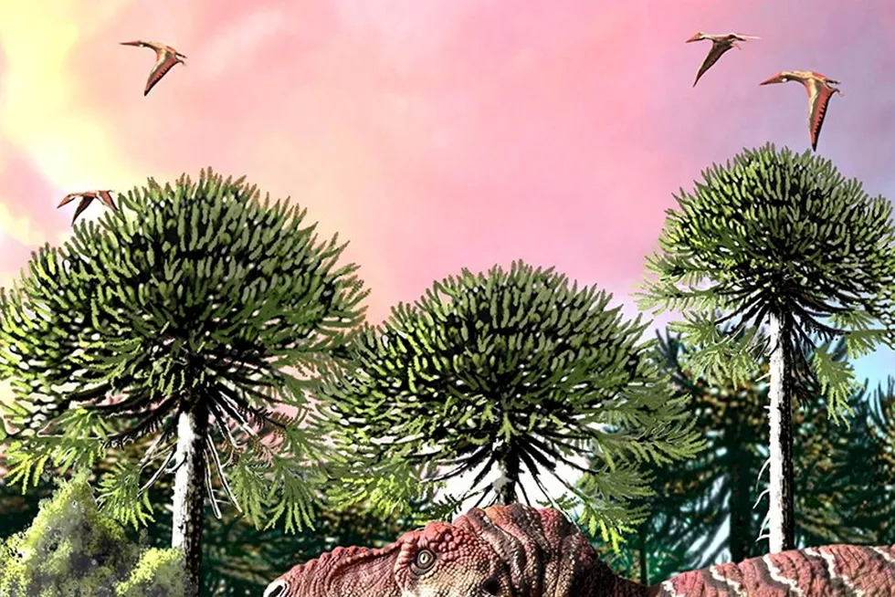 Doomed: Illustration by Jorge Antonio Gonzalez, titled 'The last walk of the dinosaurs'