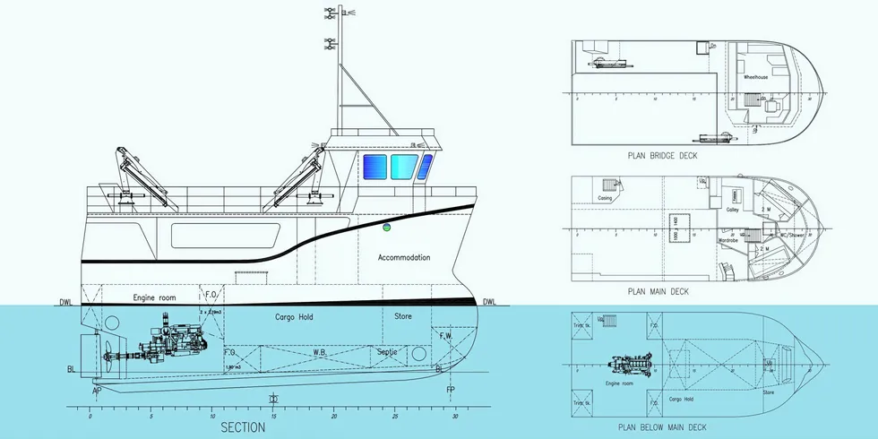 Tegning av båten Simon Draugen Haugen har bestilt fra verftet i Portugal. Onkelen sin båt er helt lik, bare to meter kortere. Båtene rigges ferdig med to kraner og for garn, not og reketrål.
