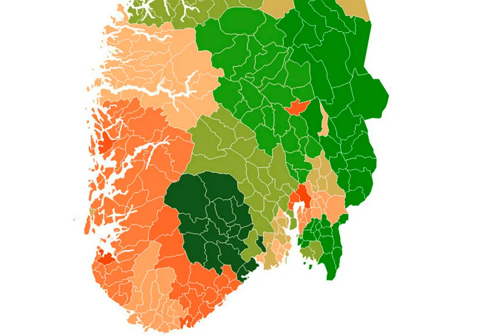 Norges Bank har undersøkt en rekke forhold rundt regionale forskjeller i boligpriser og gjeld i Norge. Kartet viser hvor andelen husholdninger med høy gjeldsbelastning er størst. Se interaktivt kart nedenfor i saken. Foto: Norges Bank/DN