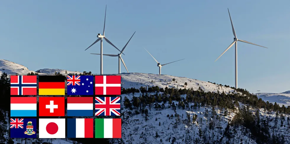 Selskapene som eier de norske vindkraftparkene er plassert i tolv ulike land. Bildet er fra en av vindparkene på Fosen i Trøndelag.