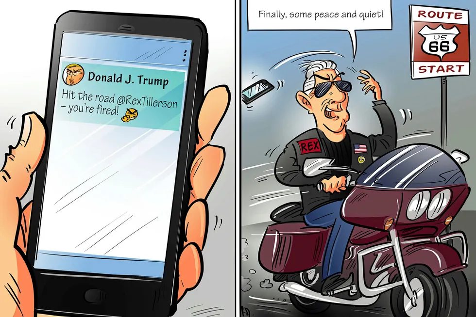 On your bike: Donald Trump’s decision to fire Rex Tillerson as Secretary of State may have finally given the Harley Davidson owner the time to get his retirement on the road (Upstream cartoon 16 March, 2018)