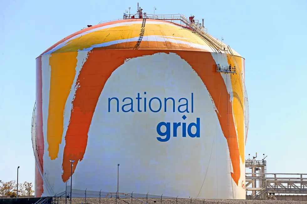 A painted National Grid gas tank in Boston, Massachusetts.