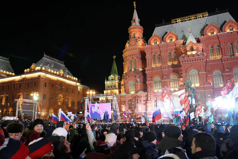 Putin`s valgseier feires i Moskva. Foto: Rune Ytreberg