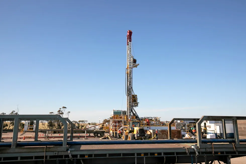 Drilling at the Ramsay 1 natural hydrogen exploration well in South Australia, which is being developed by Gold Hydrogen.