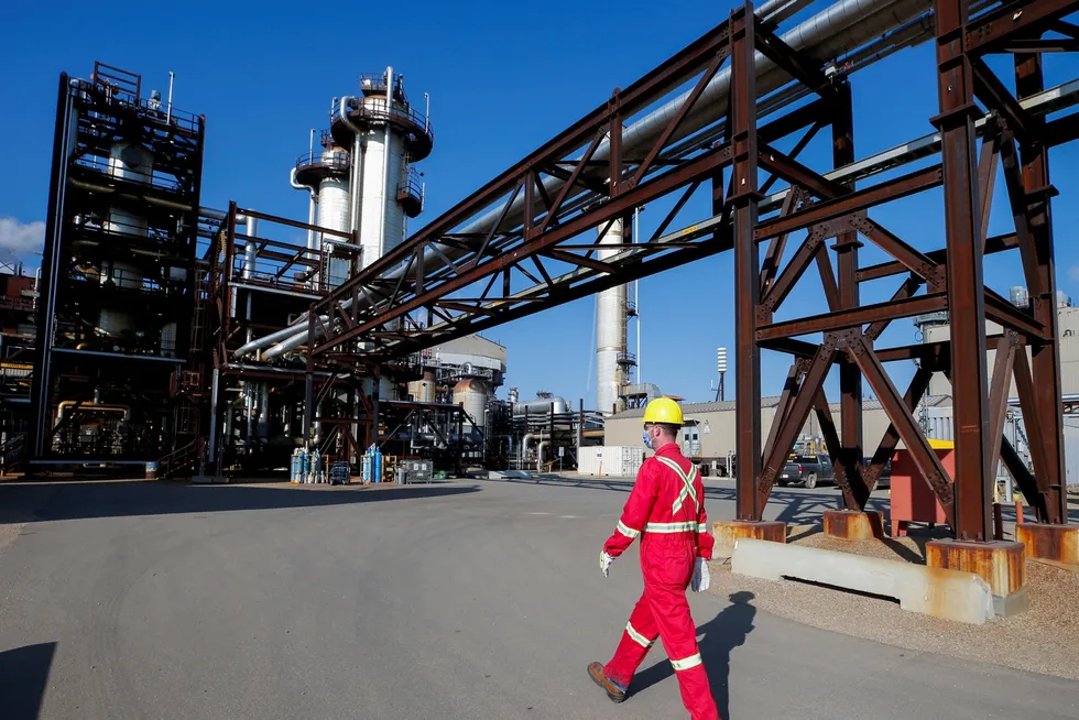Challenge: a Shell employee walks past the company’s Quest CCS facility in Fort Saskatchewan, Alberta, Canada.